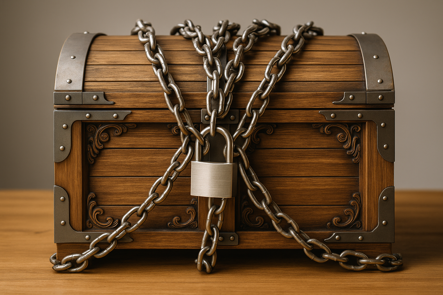 A photorealistic image of an antique wooden treasure chest wrapped tightly in thick metal chains and secured with a large silver padlock. The chest sits on a wooden table in a softly lit room with neutral beige tones, emphasizing the rich wood grain and ornate metal detailing.