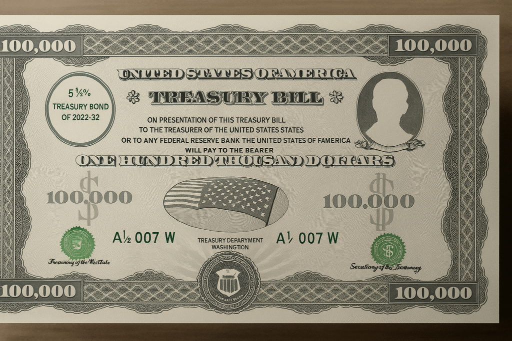  A high-resolution, eye-level photograph of a $100,000 U.S. Treasury Bill featuring intricate design patterns, a stylized American flag, green treasury seal, and bold denomination markings under warm, natural lighting.
