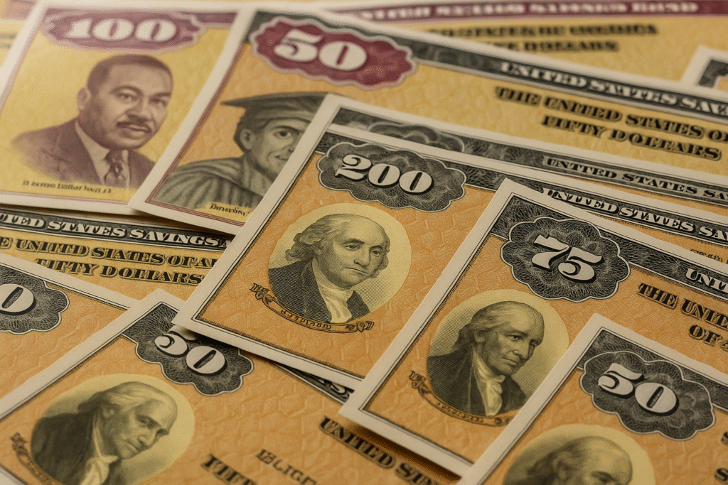 A detailed, eye-level photograph of vintage U.S. savings bonds in various denominations, including $50, $75, $100, and $200, arranged in an overlapping pattern under warm, natural lighting.
