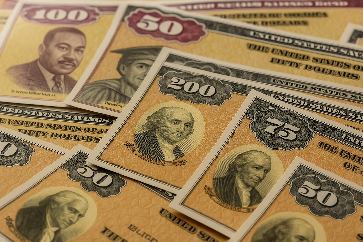 A detailed, eye-level photograph of vintage U.S. savings bonds in various denominations, including $50, $75, $100, and $200, arranged in an overlapping pattern under warm, natural lighting.