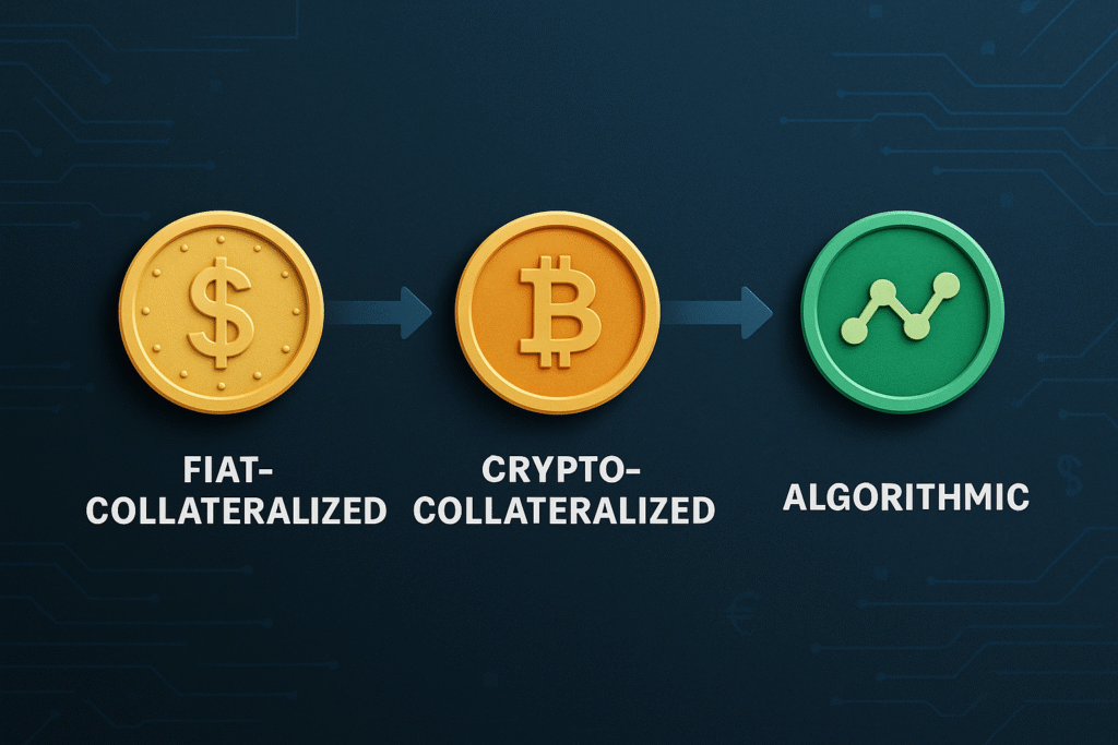 An infographic illustrating the three types of stablecoins: fiat-collateralized, crypto-collateralized, and algorithmic, with distinct coins and arrows on a blue blockchain-inspired background.