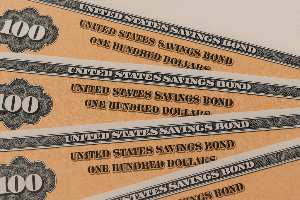 Close-up image of multiple $100 U.S. savings bonds arranged in a fan pattern, showing detailed design elements and text under warm, natural lighting.