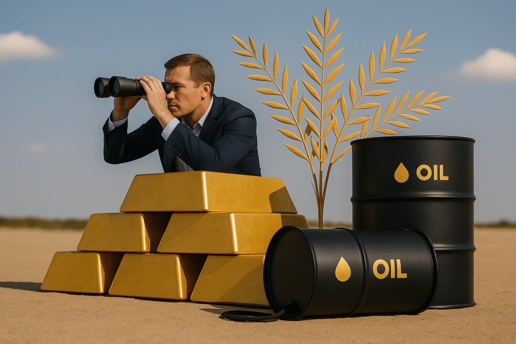 Understanding Commodities A man in a suit looks through binoculars while crouched on gold bars in a desert-like landscape, with black oil barrels and a tall wheat plant nearby under a clear sky.