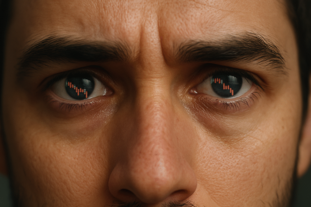 Understanding trading fear Close-up of a person’s eyes with a plunging red stock chart reflected in the pupils, symbolizing internalized fear in trading.