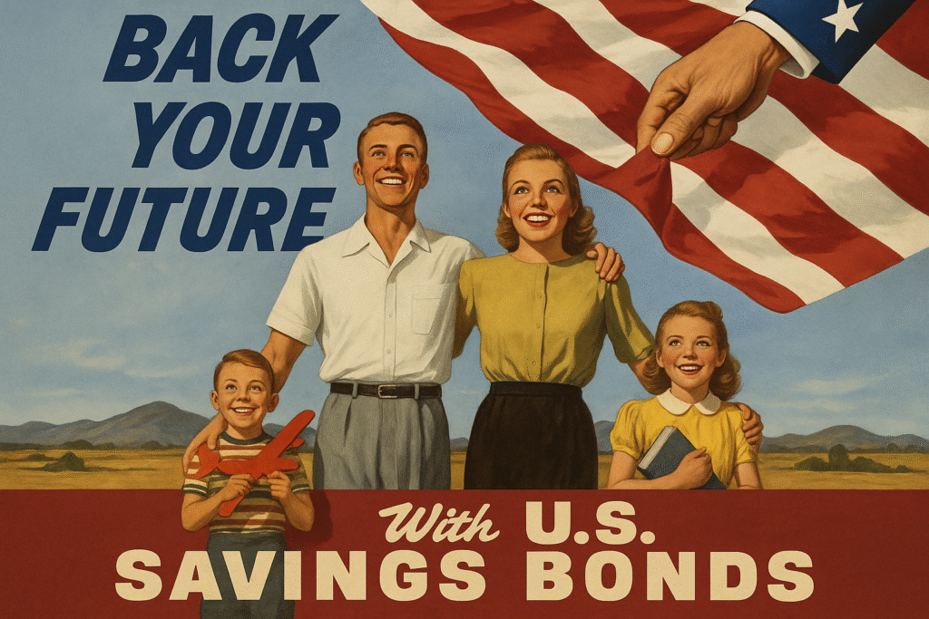 A landscape-format vintage-style poster showing a smiling American family standing proudly beneath a waving U.S. flag with the slogan “Back Your Future with U.S. Savings Bonds.”