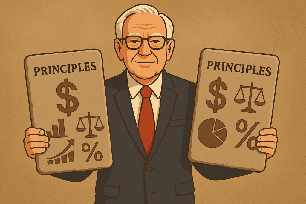 Illustrated elder mentor in suit and red tie holding stone tablets engraved with "PRINCIPLES" and financial icons, on a neutral brown background.