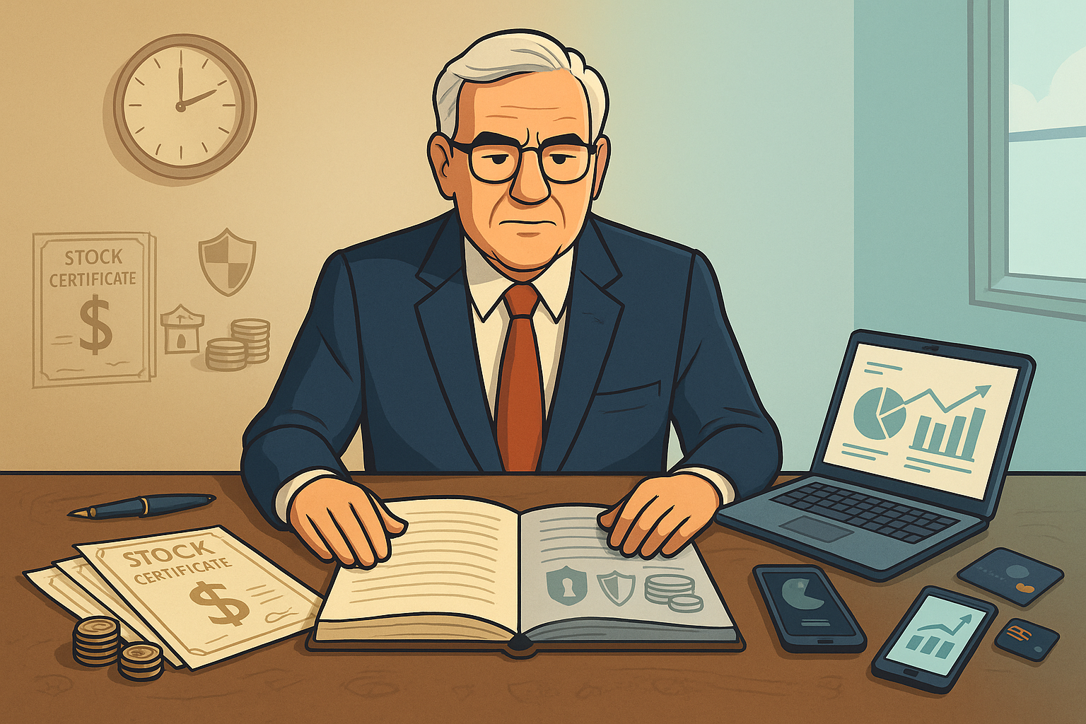 Illustrated mentor at a desk balancing vintage stock certificates and modern digital charts, symbolizing timeless investment wisdom for today’s world.