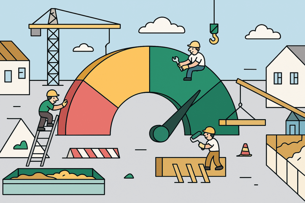 Cartoon workers construct a colorful credit score gauge at a whimsical building site, with cranes, tools, and clouds in a flat illustration style.