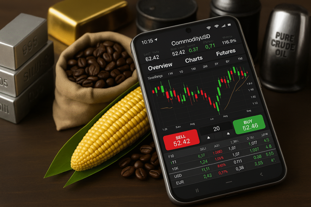 commodities3 A smartphone with a commodities trading app sits on a dark wooden surface next to silver bars, gold bars, coffee beans, corn, and crude oil canisters, showcasing a modern commodity investment setup.