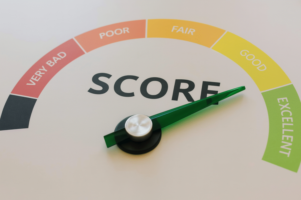 A credit score gauge with a green needle pointing to "Excellent," featuring color-coded segments from "Very Bad" to "Excellent" on a clean, modern background.