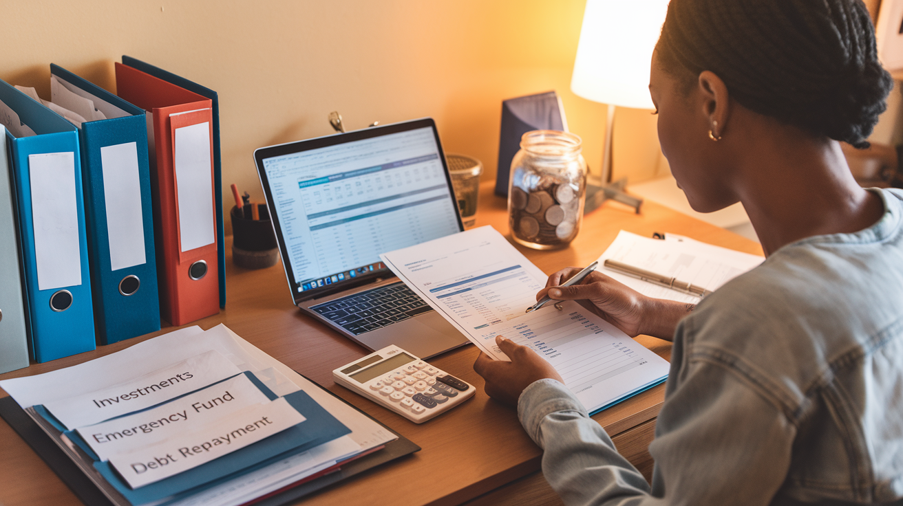 Woman reviewing financial documents at a desk with a laptop, calculator, labeled folders for investments, emergency fund, and debt repayment, emphasizing organized personal finance planning and recession preparedness.