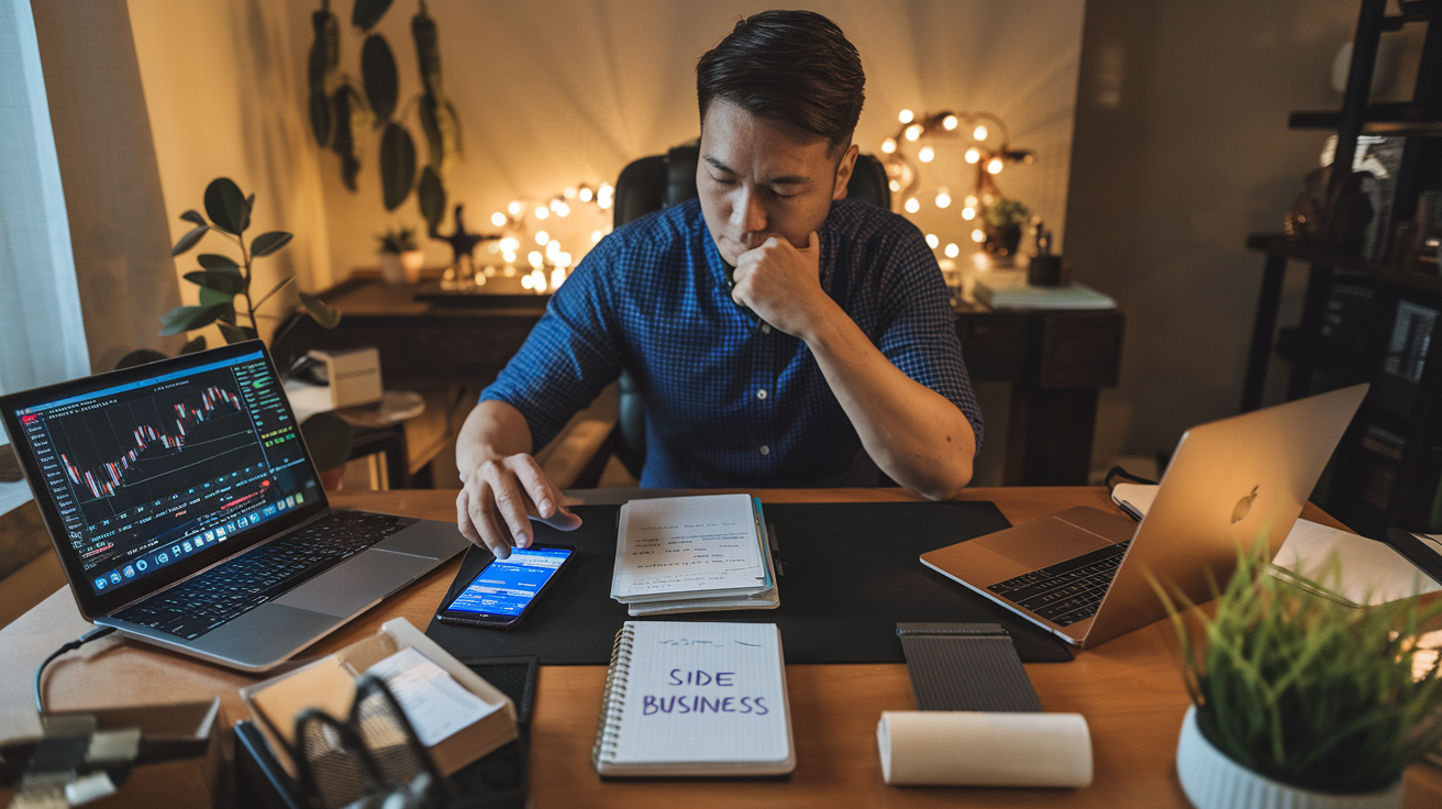 Man sitting at a desk surrounded by laptops, a smartphone, and a notebook labeled "Side Business," analyzing financial data and considering online opportunities for income diversification—a proactive example of strategic money rules for a recession.