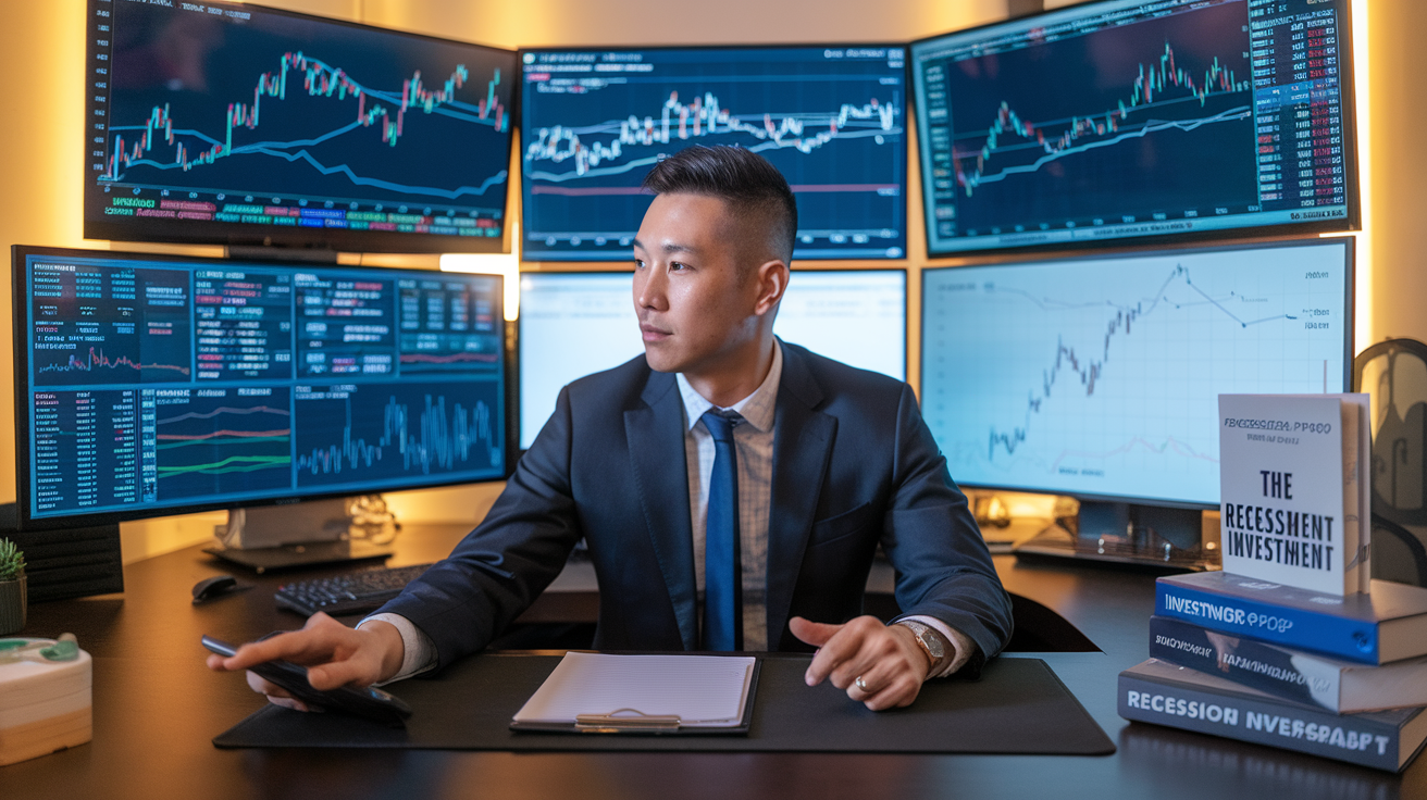 Man in a suit sitting at a desk surrounded by multiple monitors displaying stock charts and financial data, with books titled "The Recession Investment"—illustrating professional-level investment planning rooted in strategic money rules for a recession.