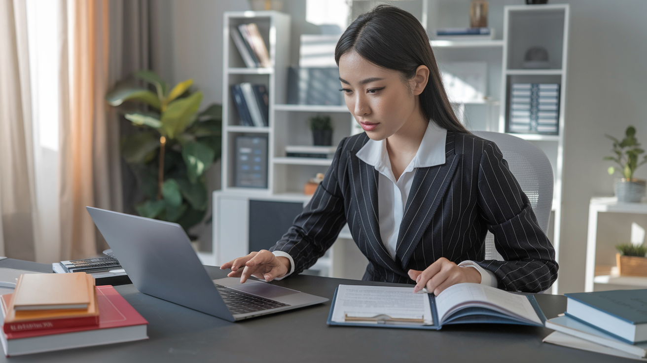 Professional woman in a pinstripe suit working on a laptop and reviewing documents at a modern office desk, exemplifying focused financial planning and decision-making grounded in strategic money rules for a recession.