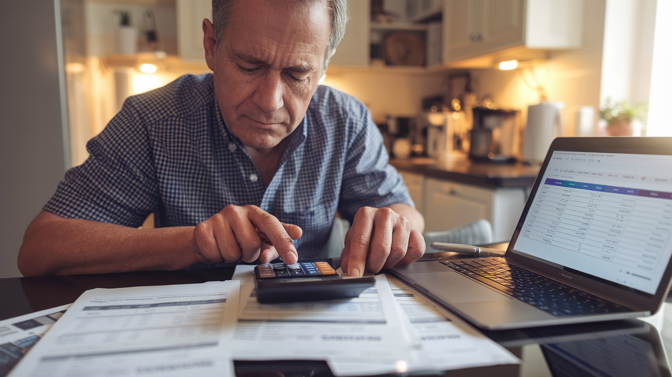 Older man sitting at a kitchen table using a calculator and reviewing financial spreadsheets on paper and a laptop—demonstrating careful budgeting and application of strategic money rules for a recession.