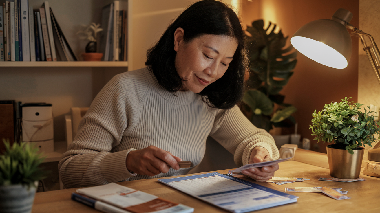 Woman sitting at a cozy desk under warm lighting, reviewing bills and financial documents with a calculator—illustrating thoughtful budgeting and personal application of strategic money rules for a recession.