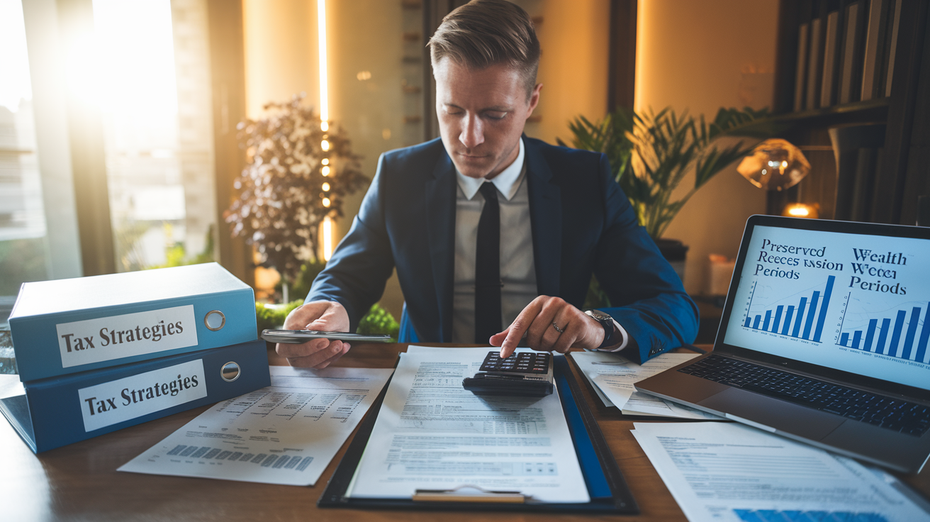 Business professional in a suit analyzing financial documents and tax strategy binders with a calculator and laptop displaying economic graphs—demonstrating expert-level implementation of strategic money rules for a recession.