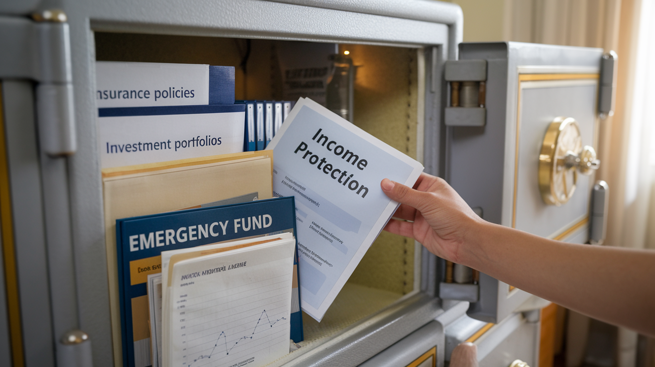 Close-up of a hand placing an "Income Protection" folder into a safe containing emergency fund documents, insurance policies, and investment portfolios—symbolizing secure financial planning based on strategic money rules for a recession.