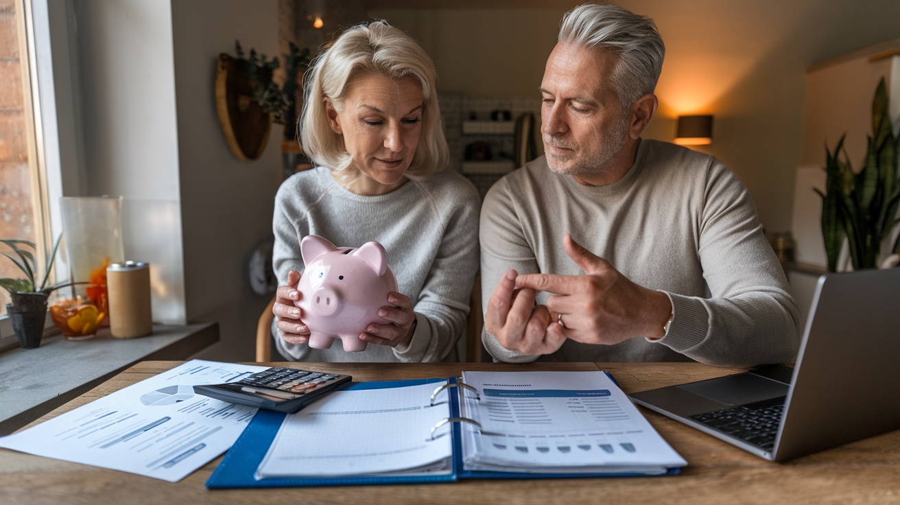 Older couple sitting at a table discussing finances with a pink piggy bank, calculator, financial documents, and a laptop—engaging in proactive money management guided by strategic money rules for a recession.