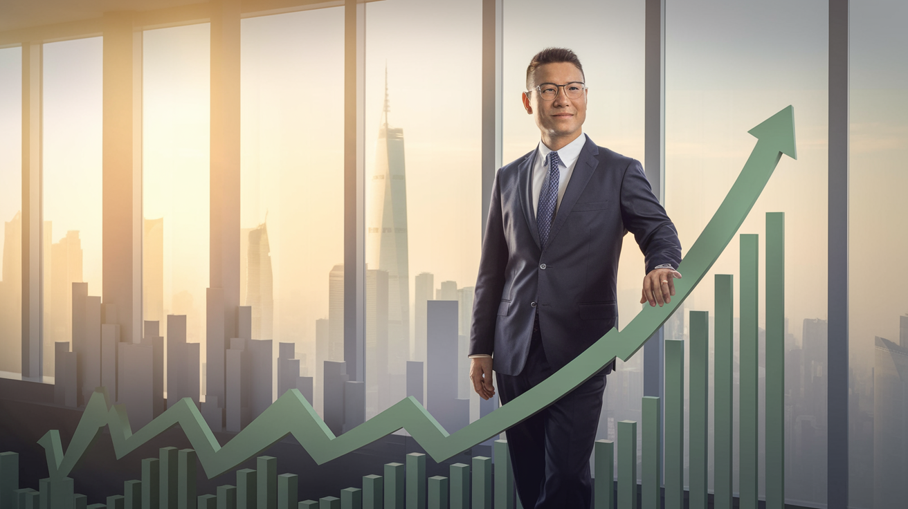 Confident businessman in a suit standing in front of large windows with a city skyline and upward-trending financial chart overlay—symbolizing success through strategic money rules for a recession and smart long-term planning.