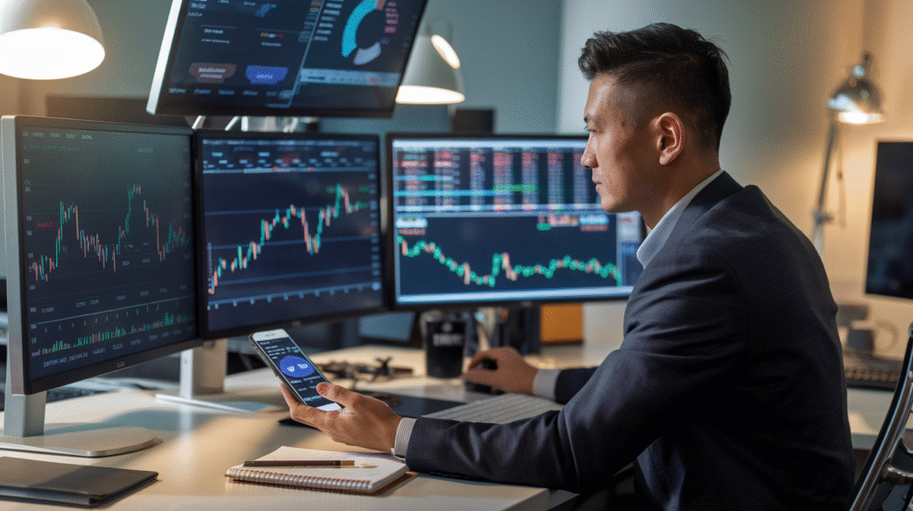 A financial analyst in a suit works at a multi-monitor setup displaying stock charts, data dashboards, and financial graphs. He holds a smartphone in one hand while navigating with a mouse, seated at a modern desk with a notebook and tablet under warm office lighting.