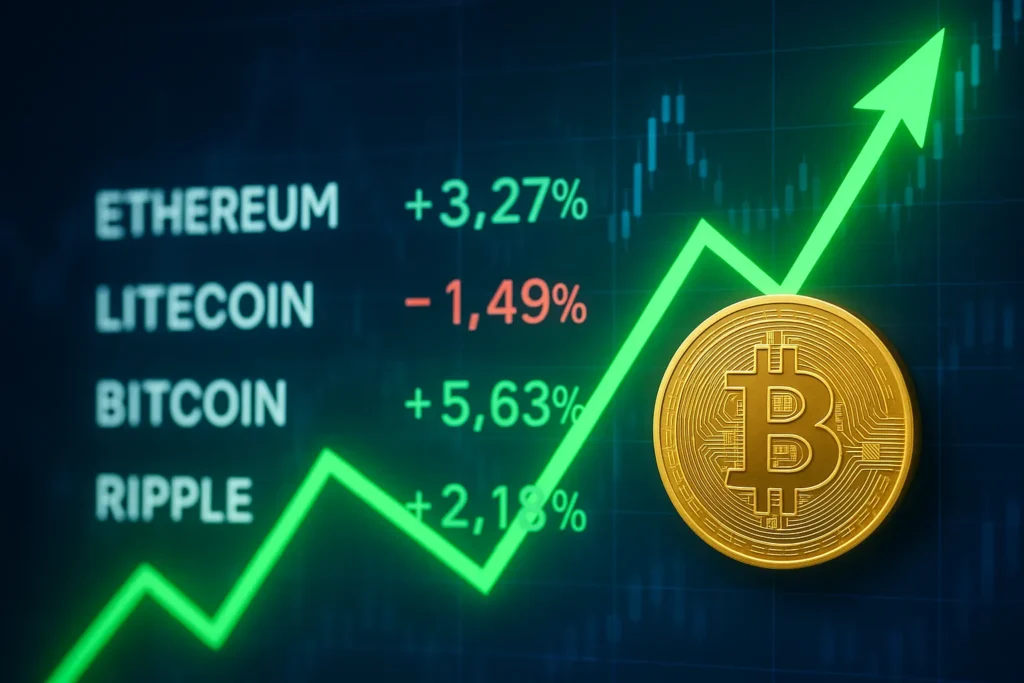 A glowing Bitcoin overlays a market dashboard showing Ethereum, Litecoin, and Ripple. Bitcoin vs. Ethereum performance highlights crypto growth with vibrant green upward-trending graphs.