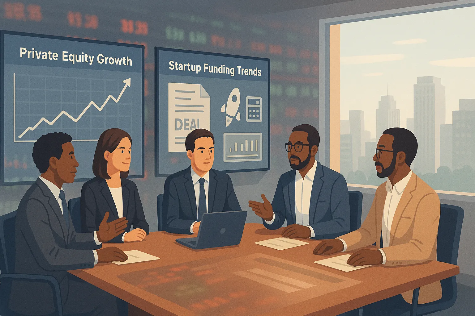 Business team discusses private markets, private equity, and startup trends in a bright office with charts and a cityscape background.