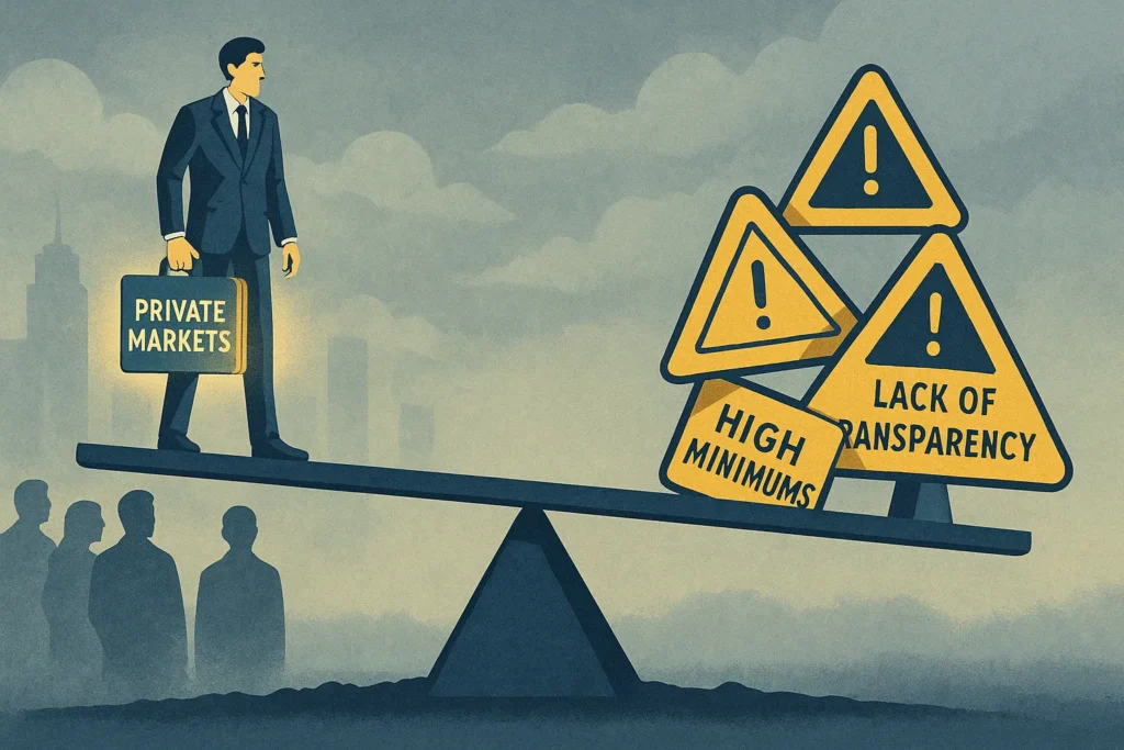 Illustration of investor holding “Private Markets” briefcase on seesaw, counterbalanced by warning signs showing liquidity risk, high minimums, lack of transparency, urban backdrop.
