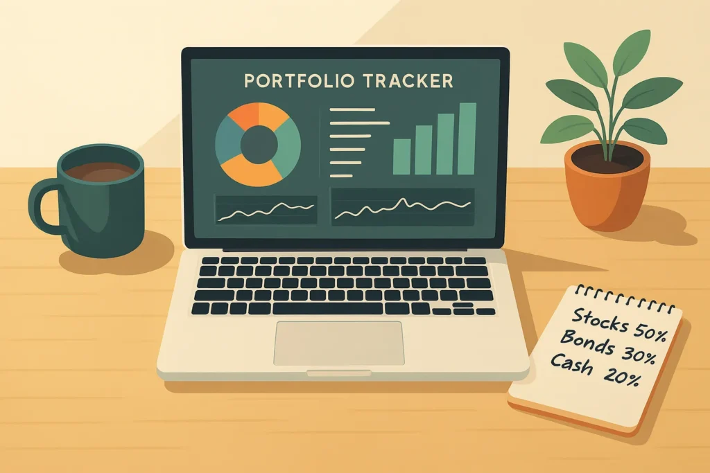 Minimalist workspace with a laptop showing a portfolio tracker dashboard, coffee mug, potted plant, and notepad with handwritten allocations under natural light.