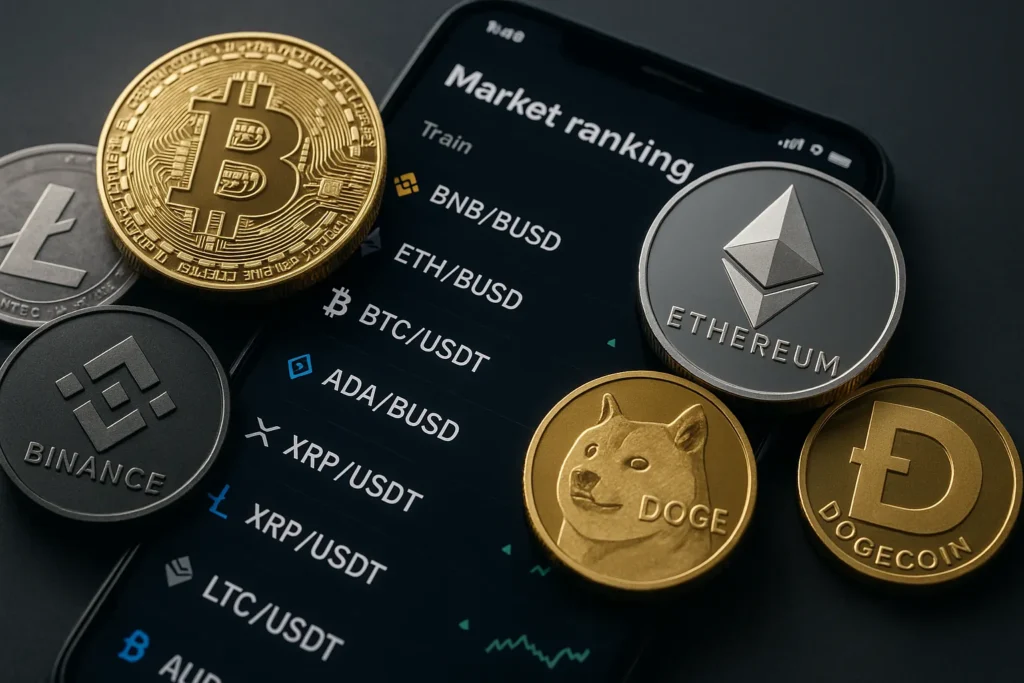 Metallic crypto coins on a smartphone display showing bitcoin vs ethereum and other trading pairs like Binance Coin, Dogecoin, and Litecoin—capturing the pulse of modern digital finance in action.