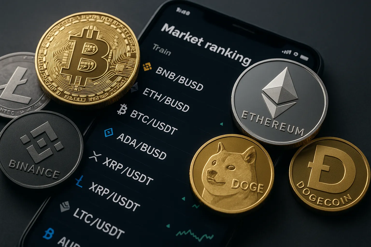 Metallic crypto coins on a smartphone display showing bitcoin vs ethereum and other trading pairs like Binance Coin, Dogecoin, and Litecoin—capturing the pulse of modern digital finance in action.