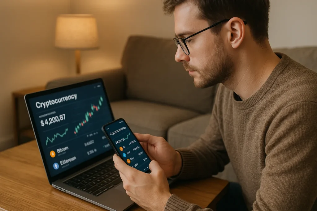 Beginner investor at home researching cryptocurrencies using phone and laptop in a cozy living room, with a digital wallet app visible—focused on financial learning.