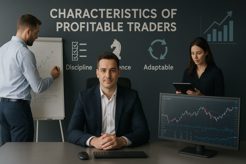 Photorealistic office scene with three traders. Center man at desk, woman using tablet, man drawing chart. Wall shows “Characteristics of Profitable Traders” with key trait icons.