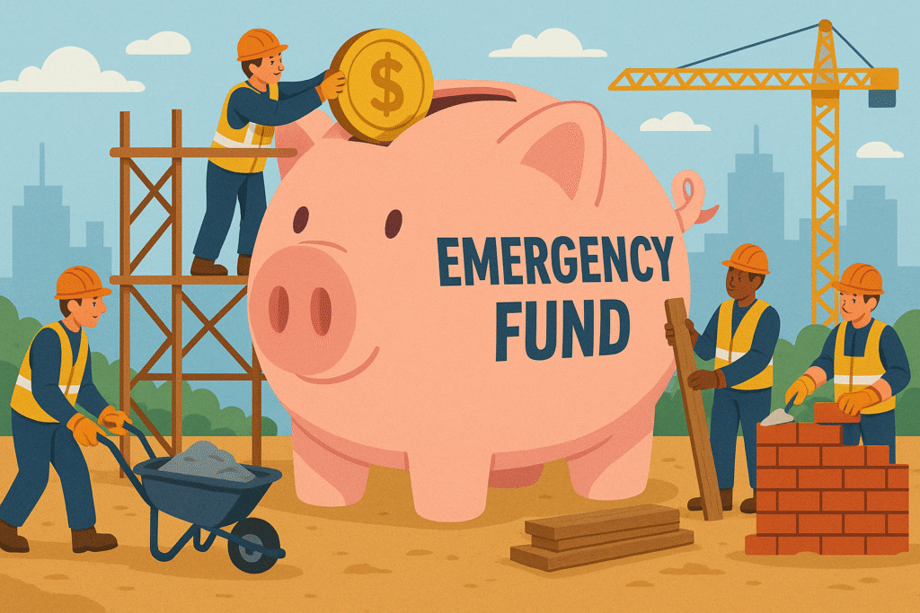 Illustration of construction workers building a giant piggy bank labeled “Emergency Fund,” with tools, scaffolding, and coins, symbolizing saving money for financial security.