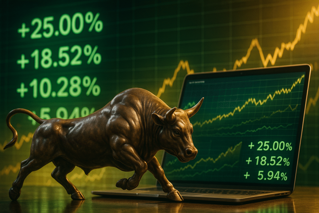 Bronze bull beside laptop with rising charts—symbolizing bullish momentum, market optimism, and the challenge to stay rational in markets during surges.