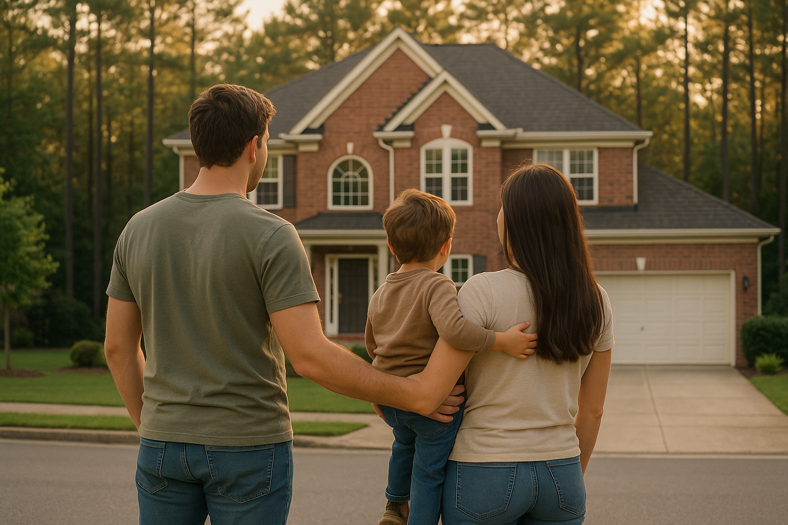A young family stands together facing their new red brick home, symbolizing buying a house and starting fresh in a peaceful, tree-lined suburban neighborhood.