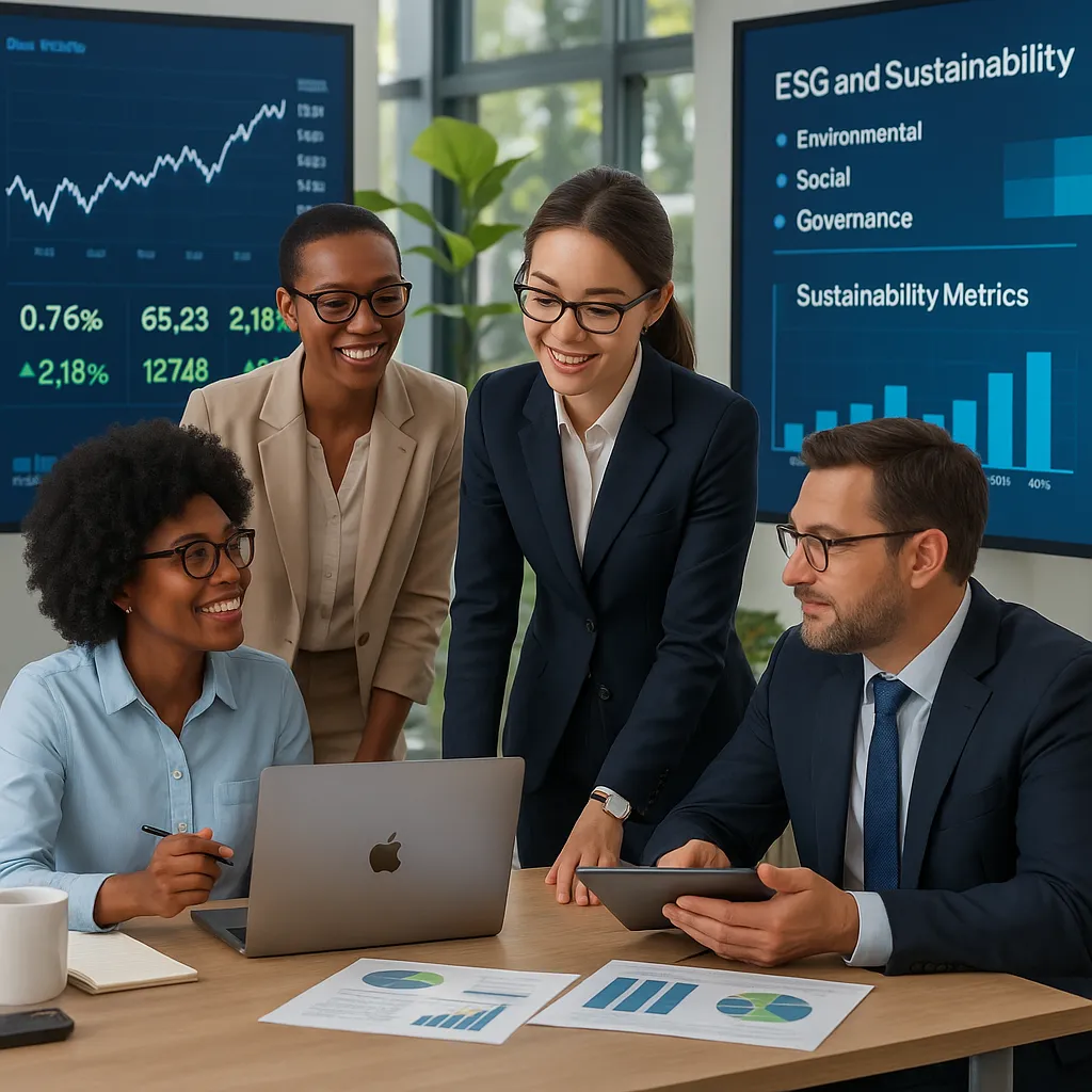 Diverse professionals collaborate around a laptop in a modern office, analyzing ESG data on digital screens, with charts and greenery enhancing the productive atmosphere.