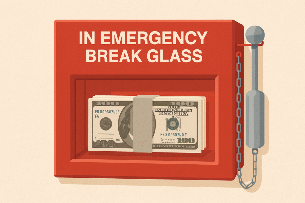 Illustration of a red emergency box with a bundle of $100 bills inside and a metal hammer on a chain, symbolizing financial backup or emergency savings.