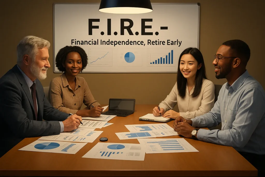 Professionals gathered in a meeting room discussing the FIRE Movement, with financial charts, laptops, and notes, emphasizing early retirement and financial independence strategies.