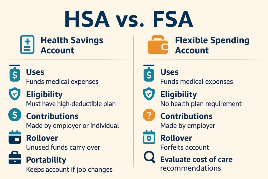 Visual infographic comparing HSA vs FSA tax benefits, highlighting differences in eligibility, rollover, contributions, and portability for smart healthcare spending and savings planning.