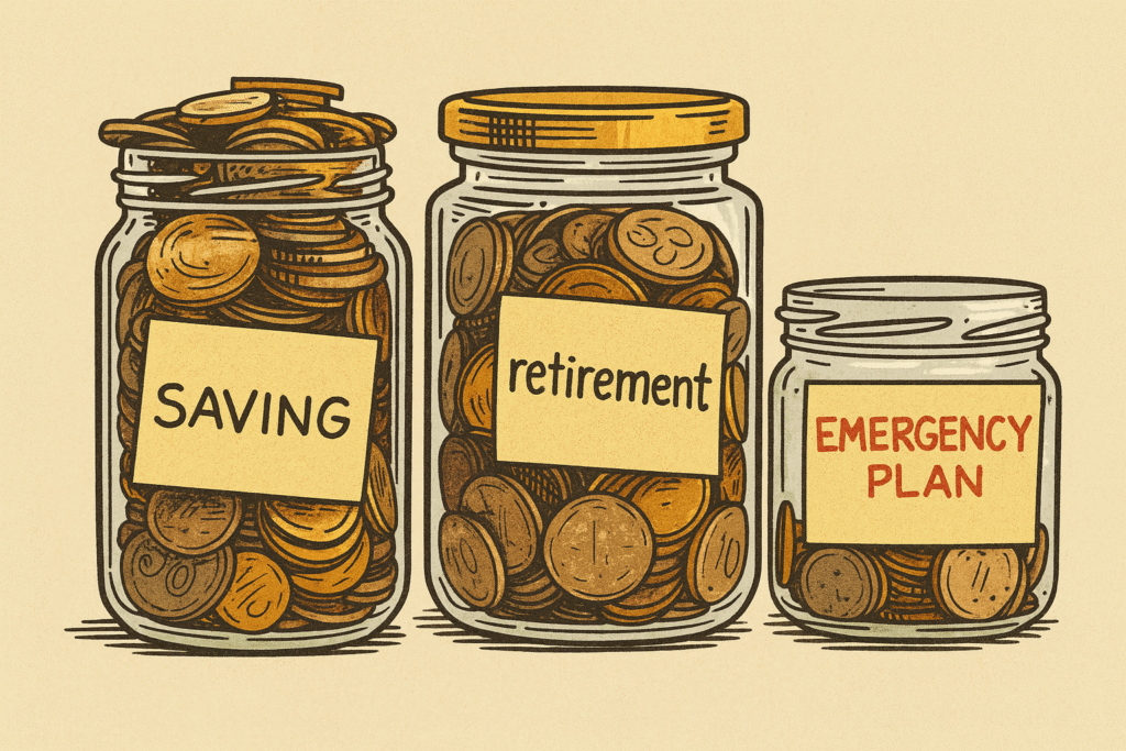 Three labeled glass jars filled with coins—"SAVING," "retirement," and "EMERGENCY PLAN"—illustrated in a warm, textured hand-drawn style against a light beige background. 