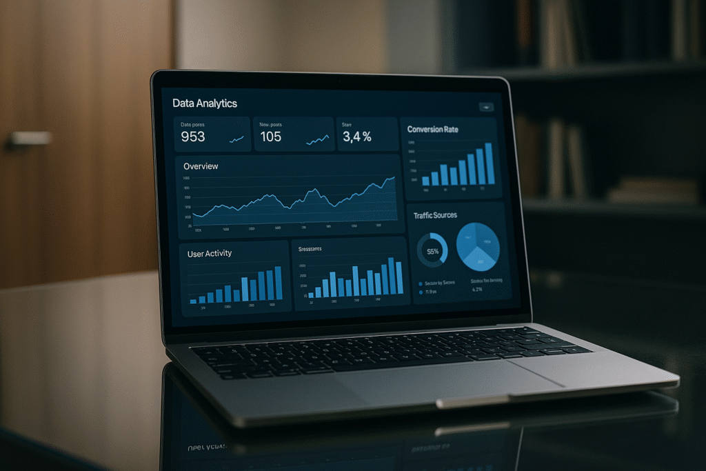 Photorealistic image of an open laptop on a reflective desk displaying data analytics dashboard with charts, graphs, KPIs. Background shows wooden door and bookshelf. Natural lighting.