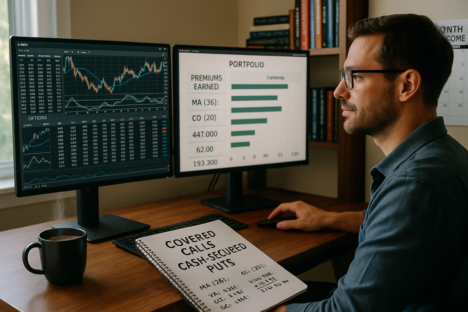 Investor analyzes options income strategies at desk with dual monitors, a notepad labeled "Covered Calls, Cash-Secured Puts," and a warm, professional workspace.