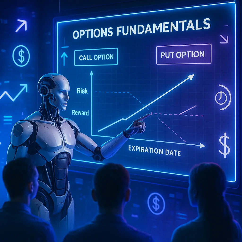Options for Beginners: A robot teaches risk and reward using neon-lit charts in a futuristic classroom with digital screens and attentive learners.