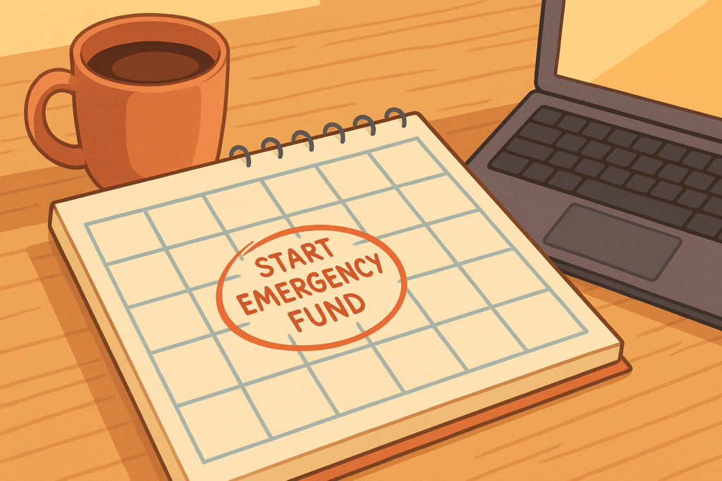 Illustration of a desk with a calendar showing “Start Emergency Fund” circled in red, beside a coffee mug and laptop, bathed in warm morning light.