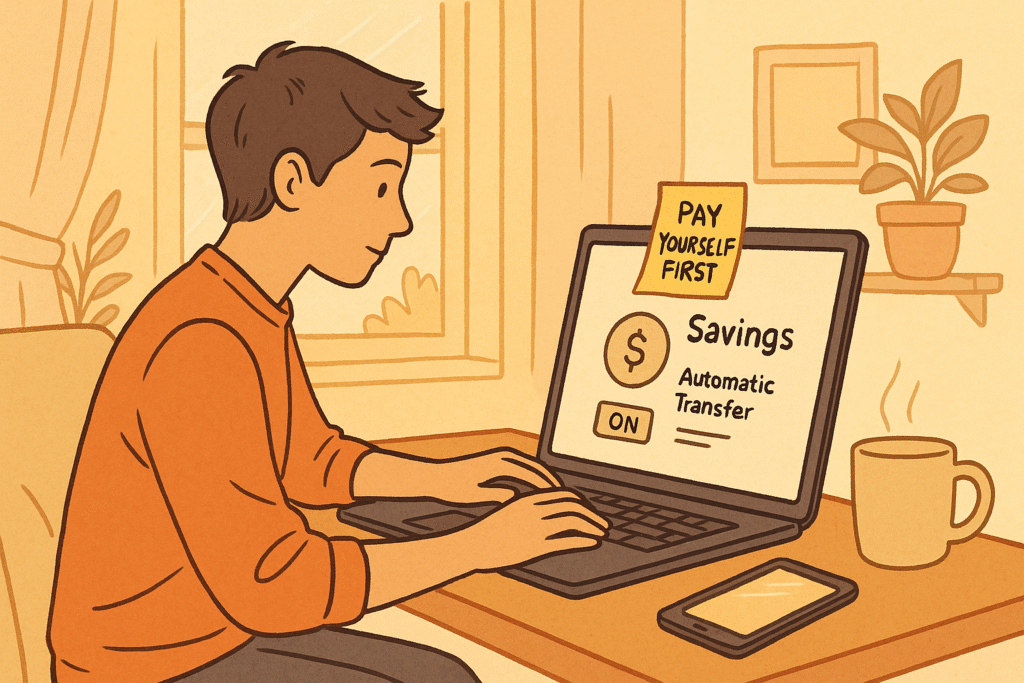Young adult sets up automatic savings transfer on laptop in cozy nook, with a “Pay Yourself First” note, warm morning light, coffee mug, and smartphone nearby.