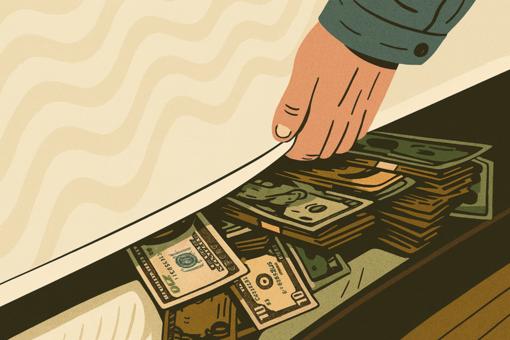 Illustration of a hand lifting a mattress corner to reveal hidden stacks of U.S. dollar bills underneath as emergncy funds, using vintage colors and flat, textured design elements.