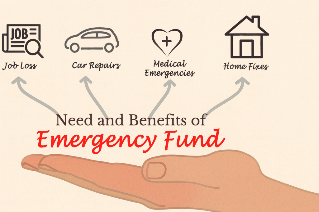 Illustration showing a hand holding text about emergency funds, with arrows pointing to icons for job loss, car repairs, medical emergencies, and home fixes.
