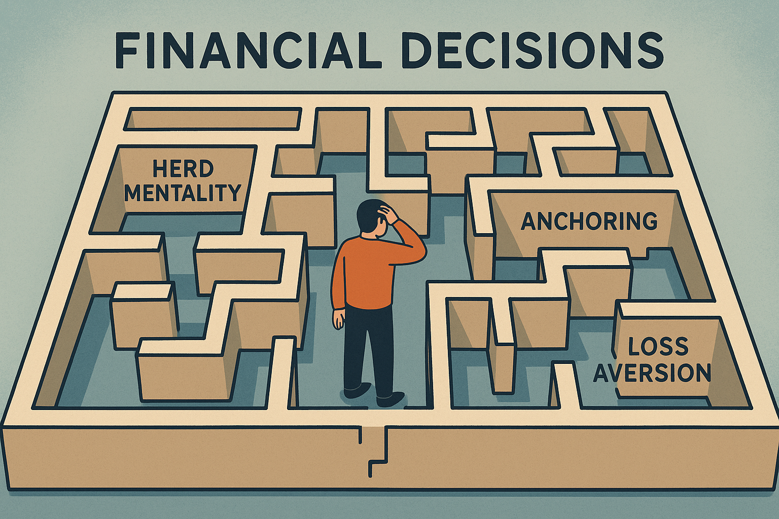 Illustration of a person lost in a maze labeled “Financial Decisions,” highlighting money psychology traps like Herd Mentality, Anchoring, and Loss Aversion with confusing paths.