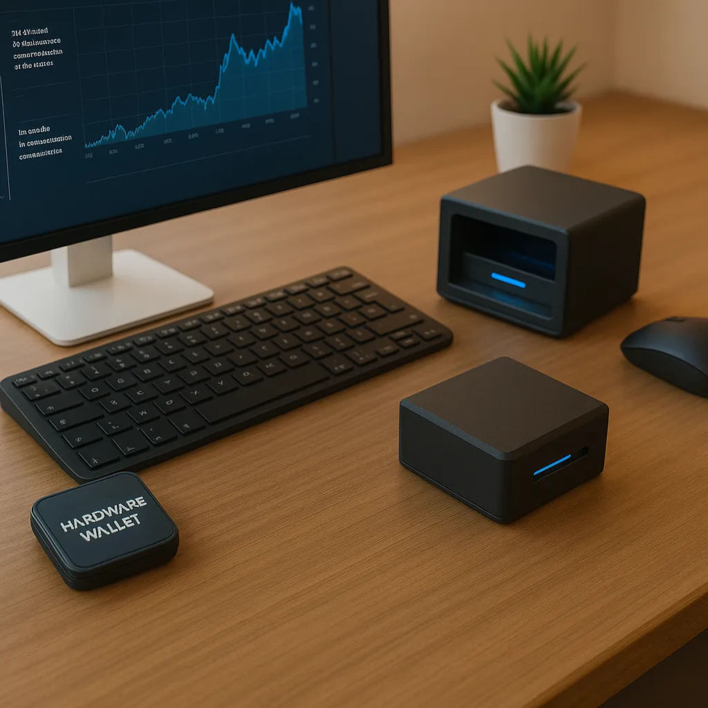 Secure crypto workstation with monitor, hardware wallet, and data vaults on wood desk—ideal setup to manage assets and protect your crypto with confidence.